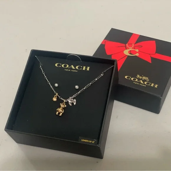 New With Box Coach Teddy Bear And Bow Earrings And Necklace Boxed Set CCU46 - Picture 9 of 11